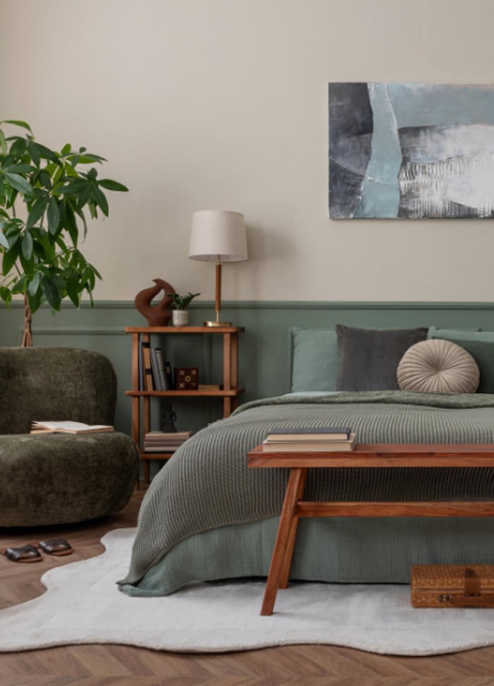 A chair, plant, bedside table next to a bed in front of panelling that stops at the top of the bed