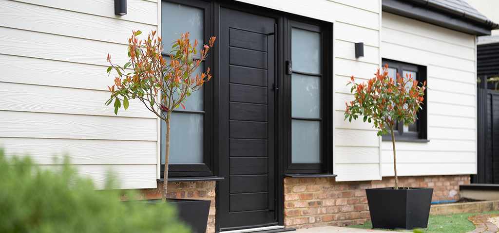 Another angle of the front door of the house with Cladco fibre cement cladding.